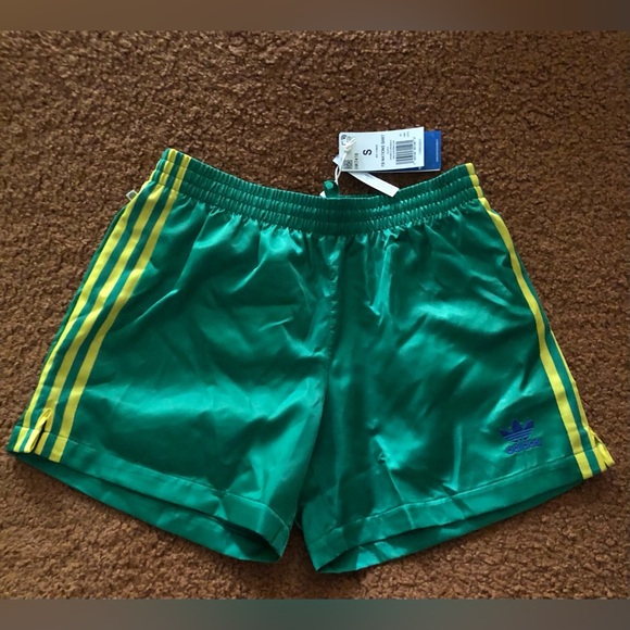 adidas Pants - adidas Green Athletic Shorts with Blue Trefoil and Yellow Stripes